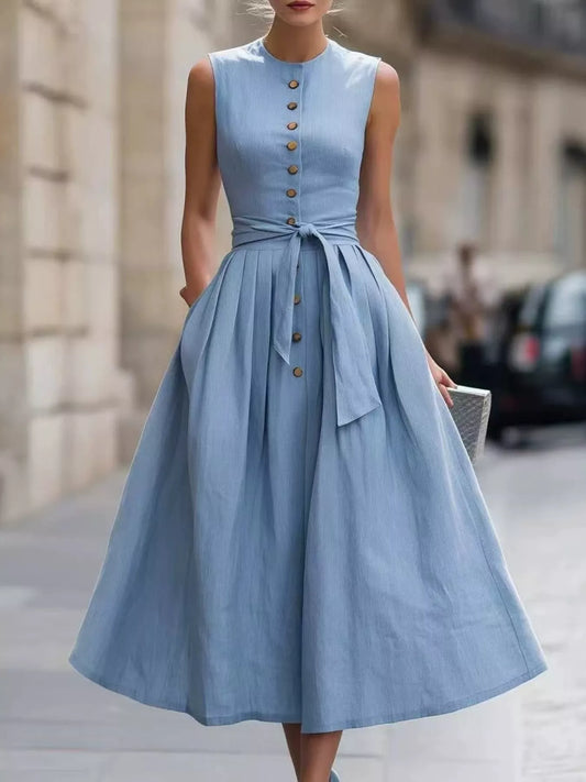 Full Size Sleeveless Button-Front Belted Midi Dress Plus Size
