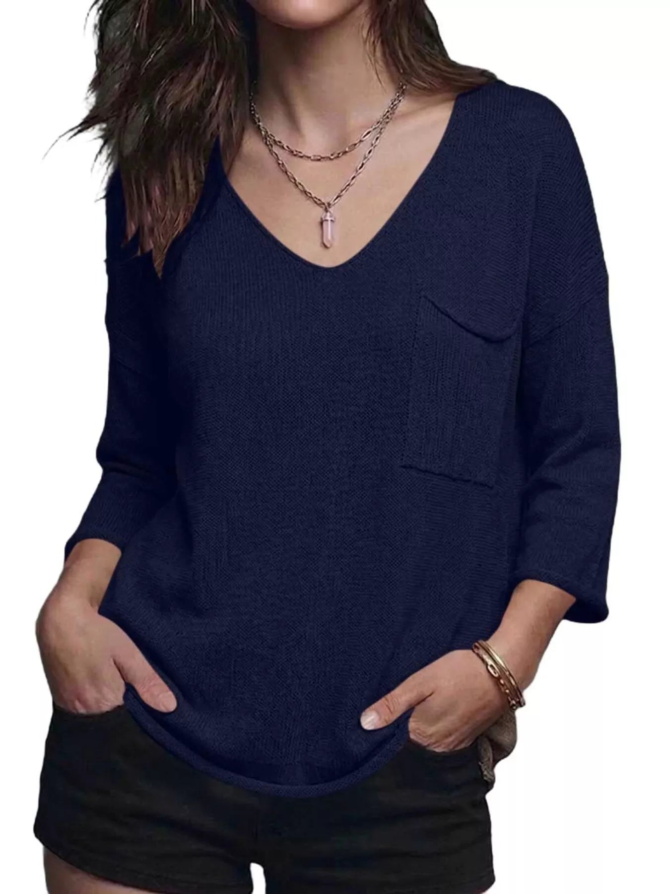 V-Neck Chest Pocket Knit Top
