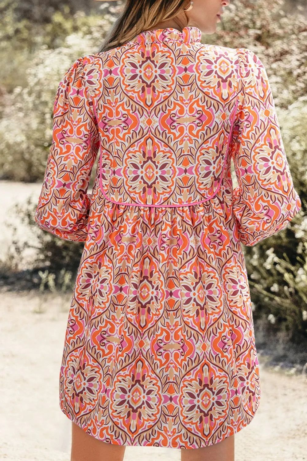 Printed Tie Neck Long Sleeve Mini Dress