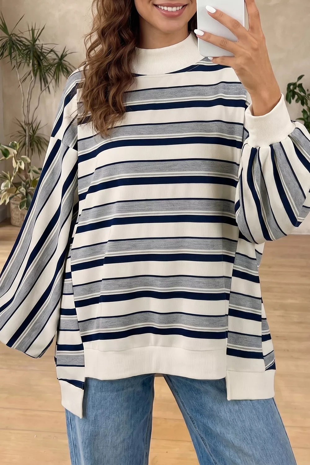 Striped Ribbed Stand Neck Long Sleeve Shift Silhouette Sweatshirt