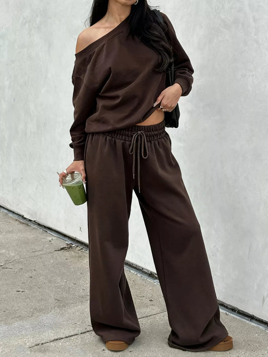 Boat Neck Long Sleeve Sweatshirt and Pants Set
