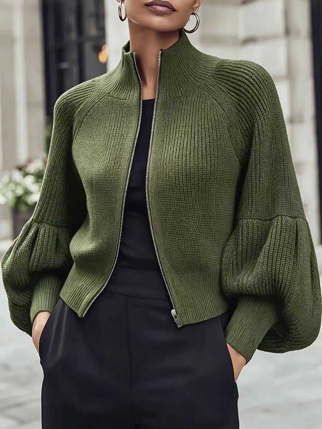 Women's Textured Open-Front Lantern-Sleeve Cardigan