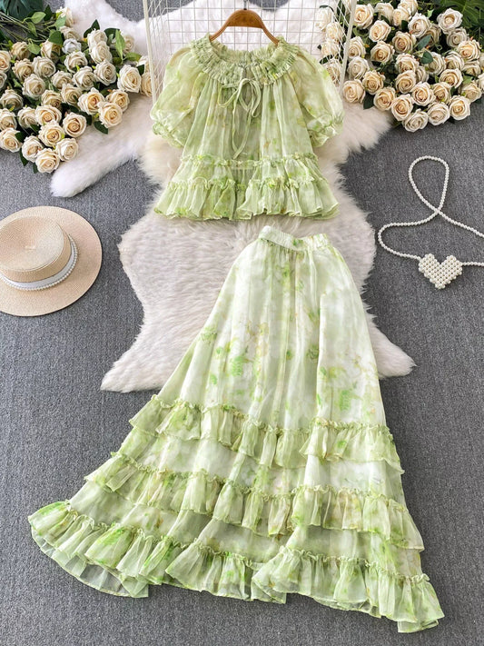 Floral Print Ruffle Hem Blouse and Skirt Set