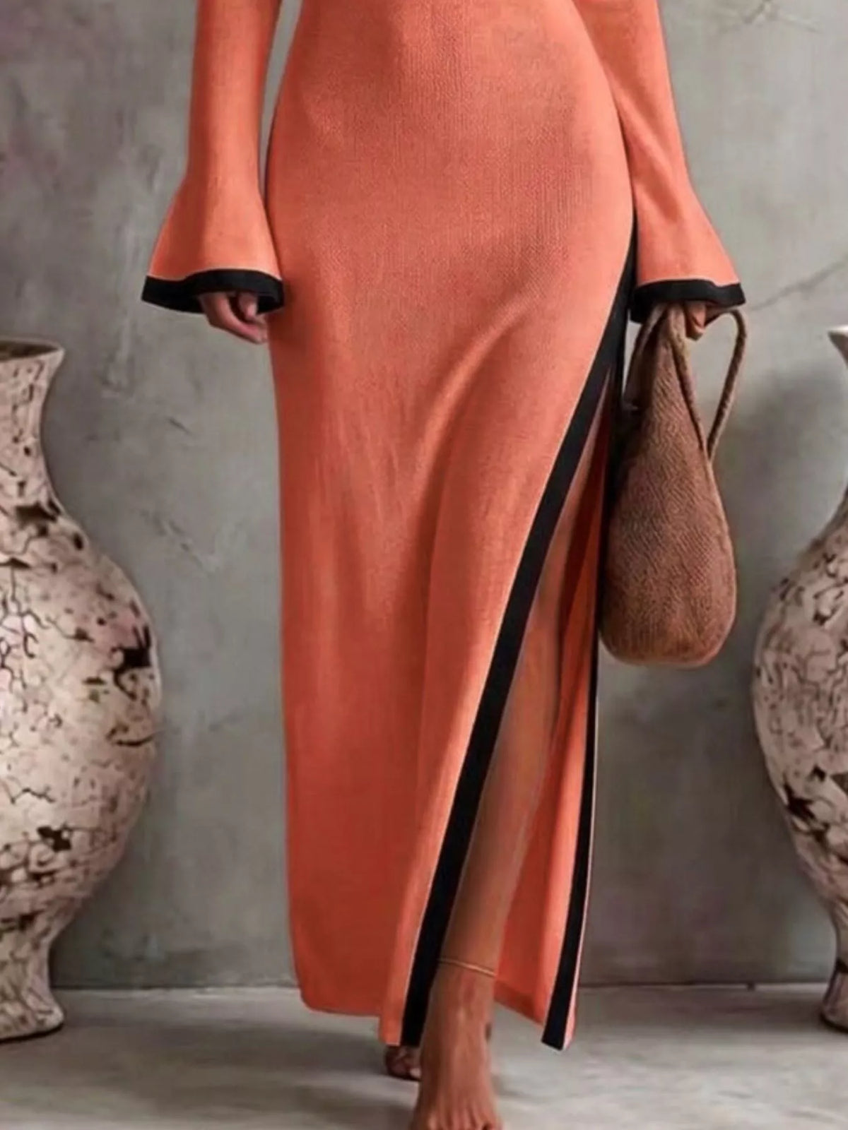Slit One-Shoulder Contrast Trim Maxi Dress