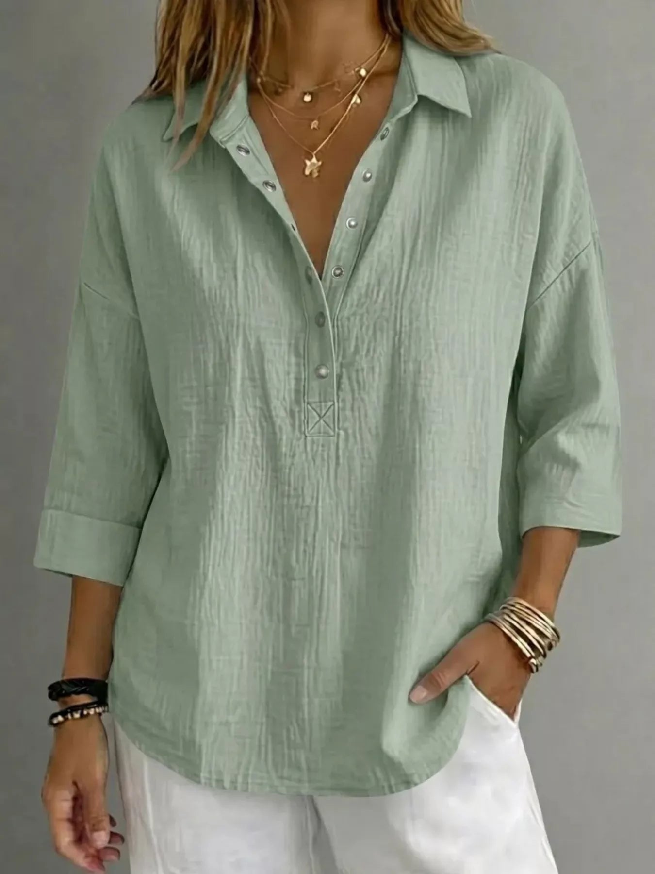 Full Size Snap Down 3/4 Sleeves Blouse Plus Size