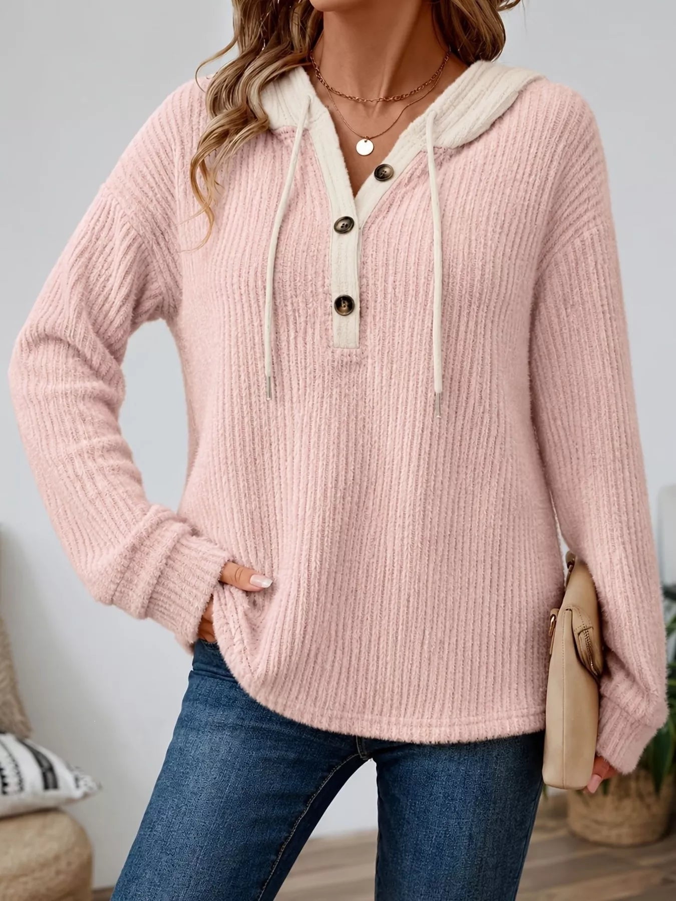 Full Size Drawstring Button Detail Hooded Sweater Plus Size