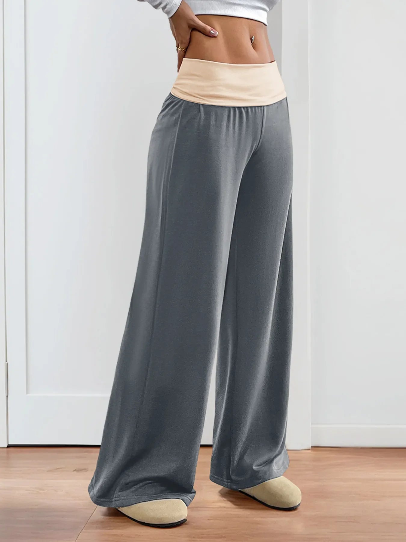 Contrast Waistband Wide Leg Pants