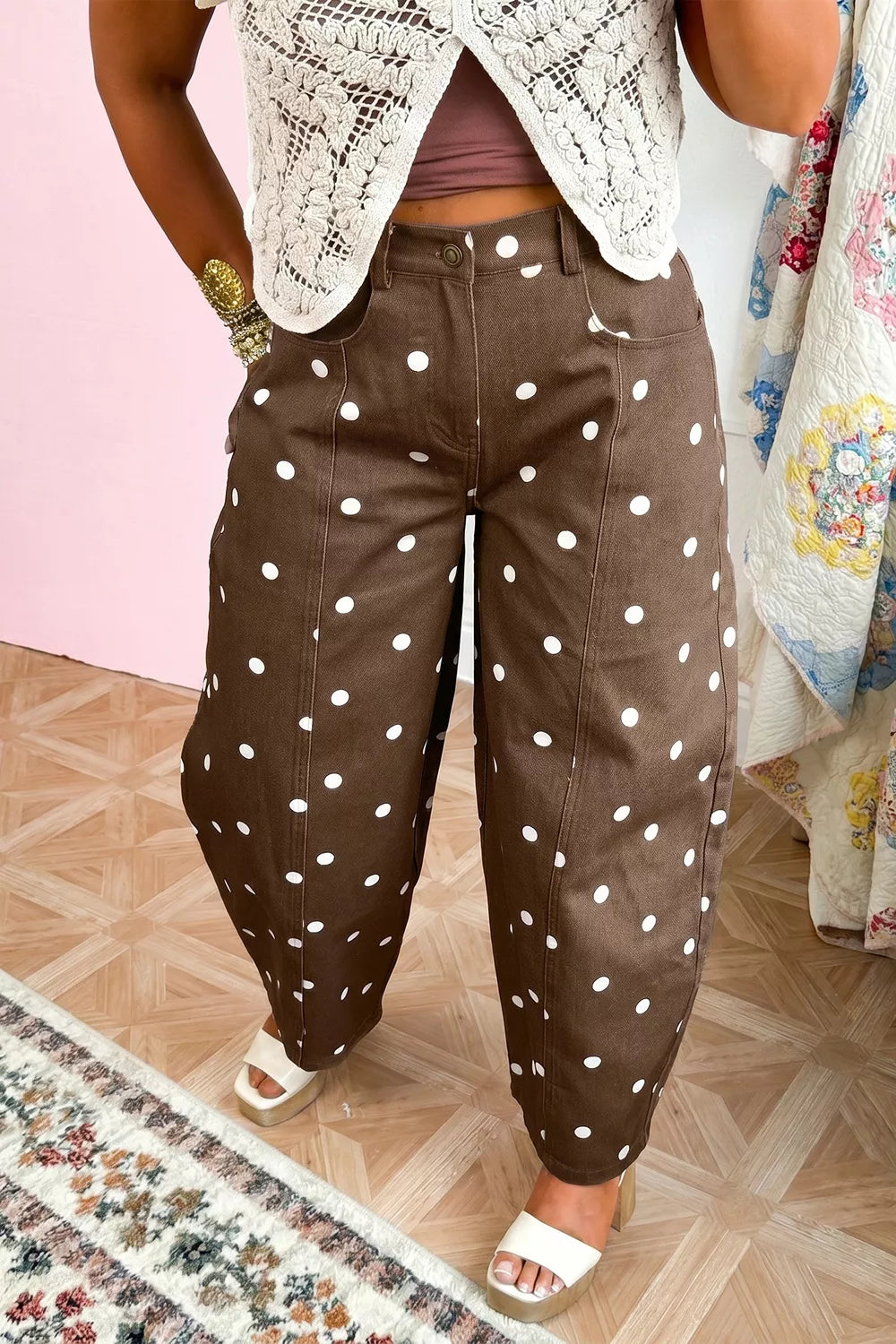 Tailored Seam Polka Dot Print Barrel Casual Jeans