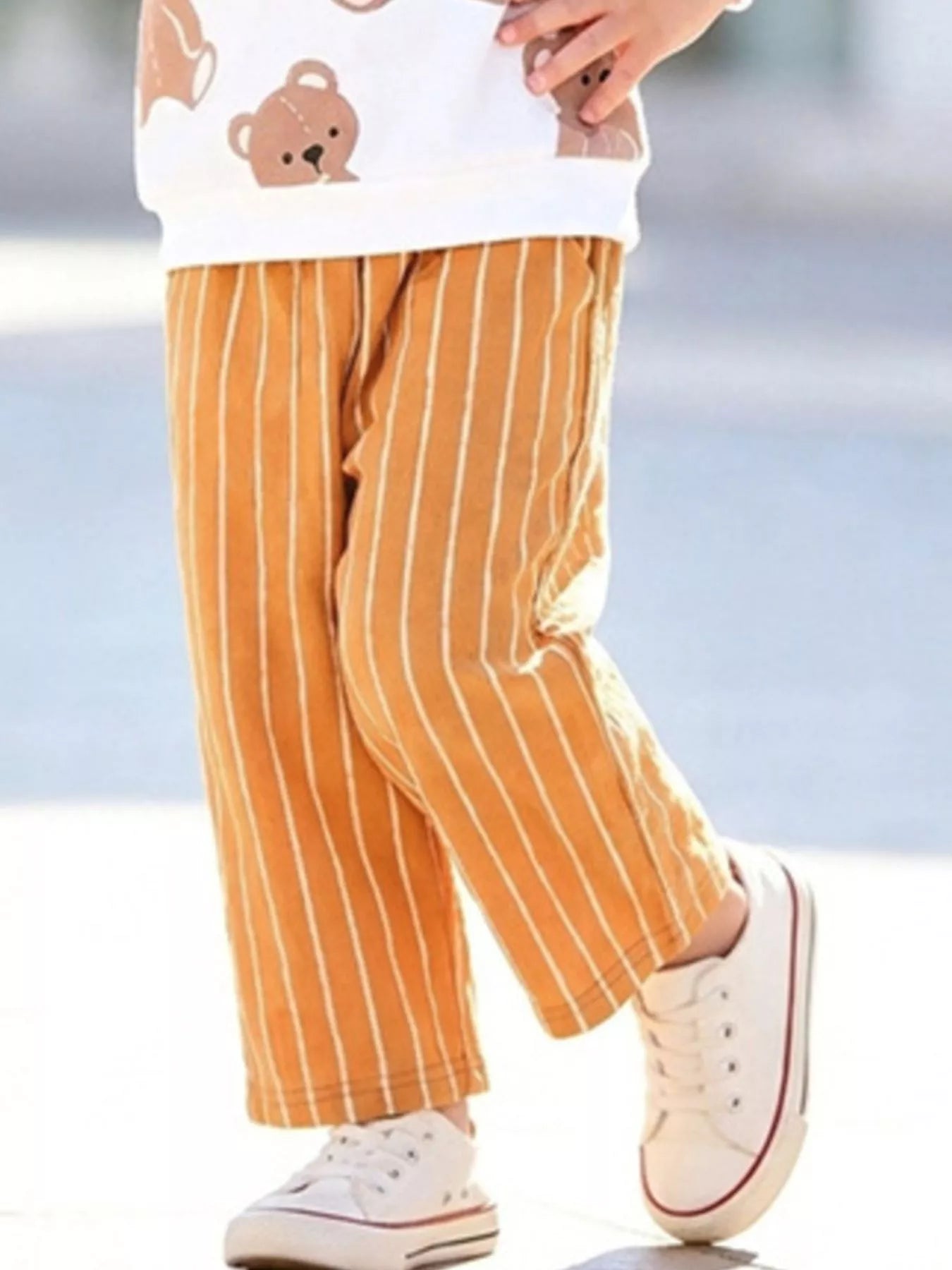 Children's Bear Print Sweatshirt and Striped Wide-Leg Pants Set