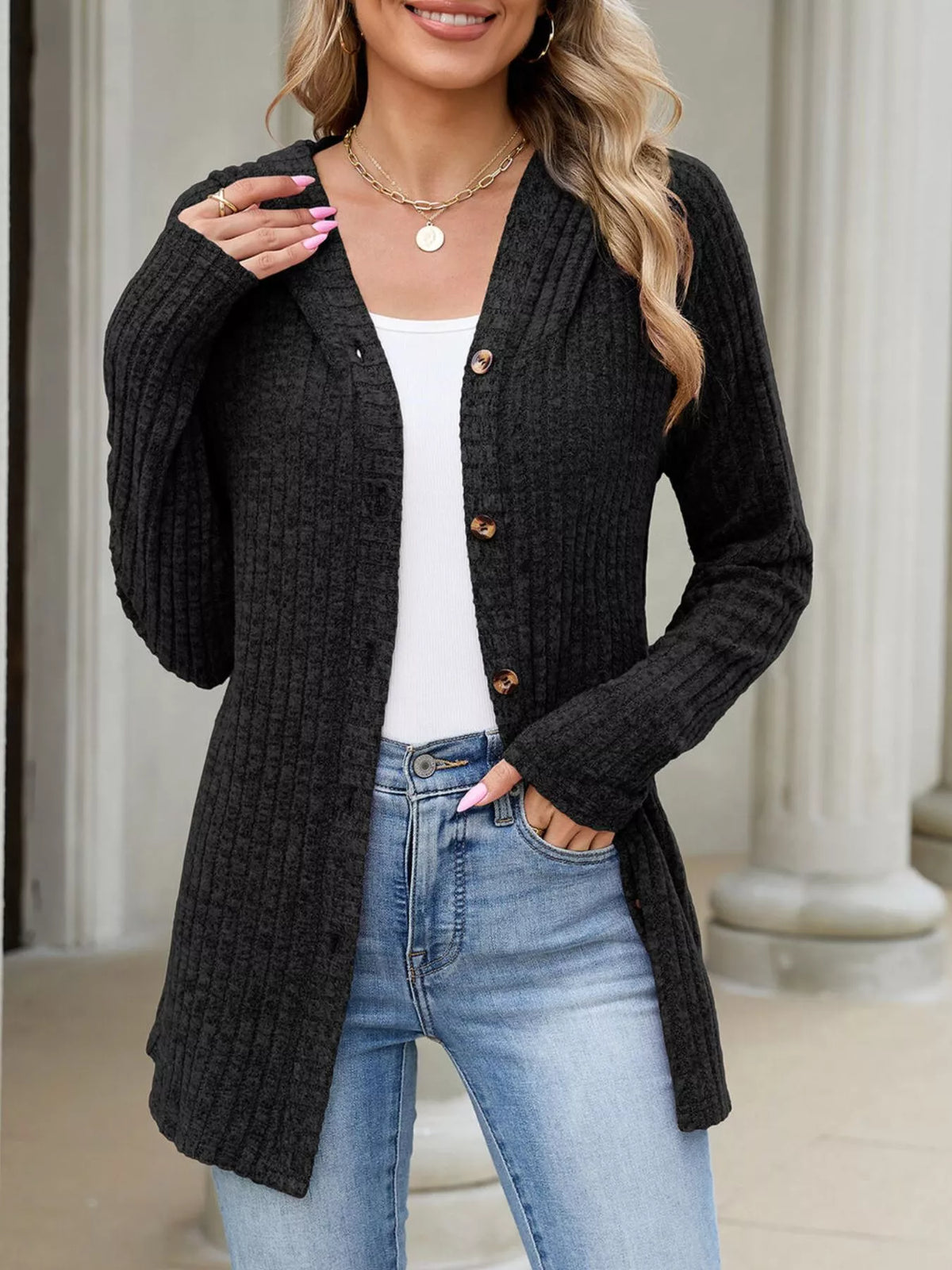 Ribbed Knit Hooded Button-Down Cardigan