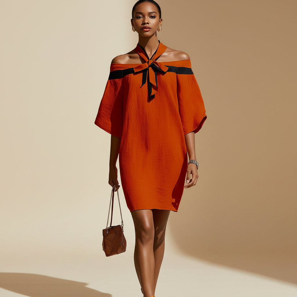 One Shoulder Bow Collar A-Line Dress – Short Sleeve Mini