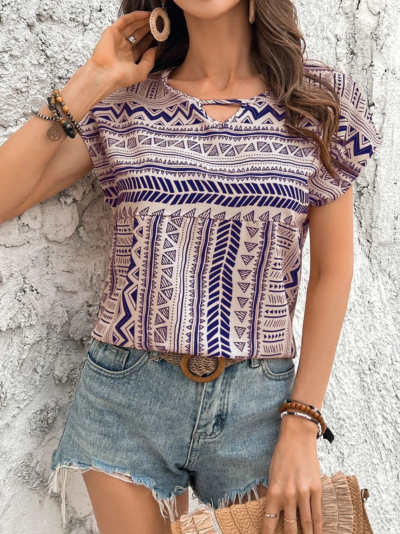 Geometric Print Short Sleeve Blouse