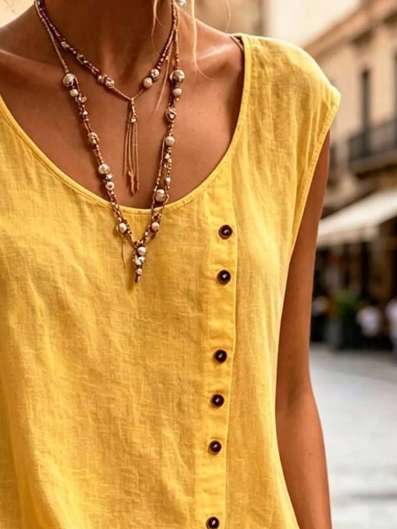 Full Size Round Neck Decor Button Tank Plus Size