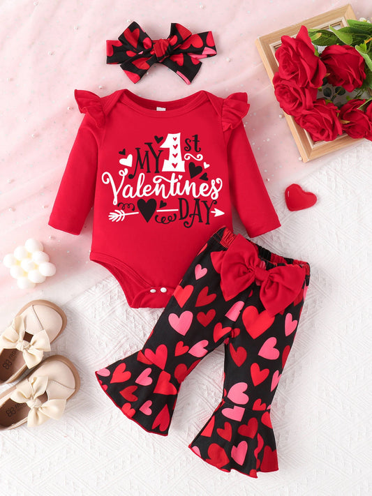 Children's Letter Ruffled Trim Bodysuit and Pants Set with Headband