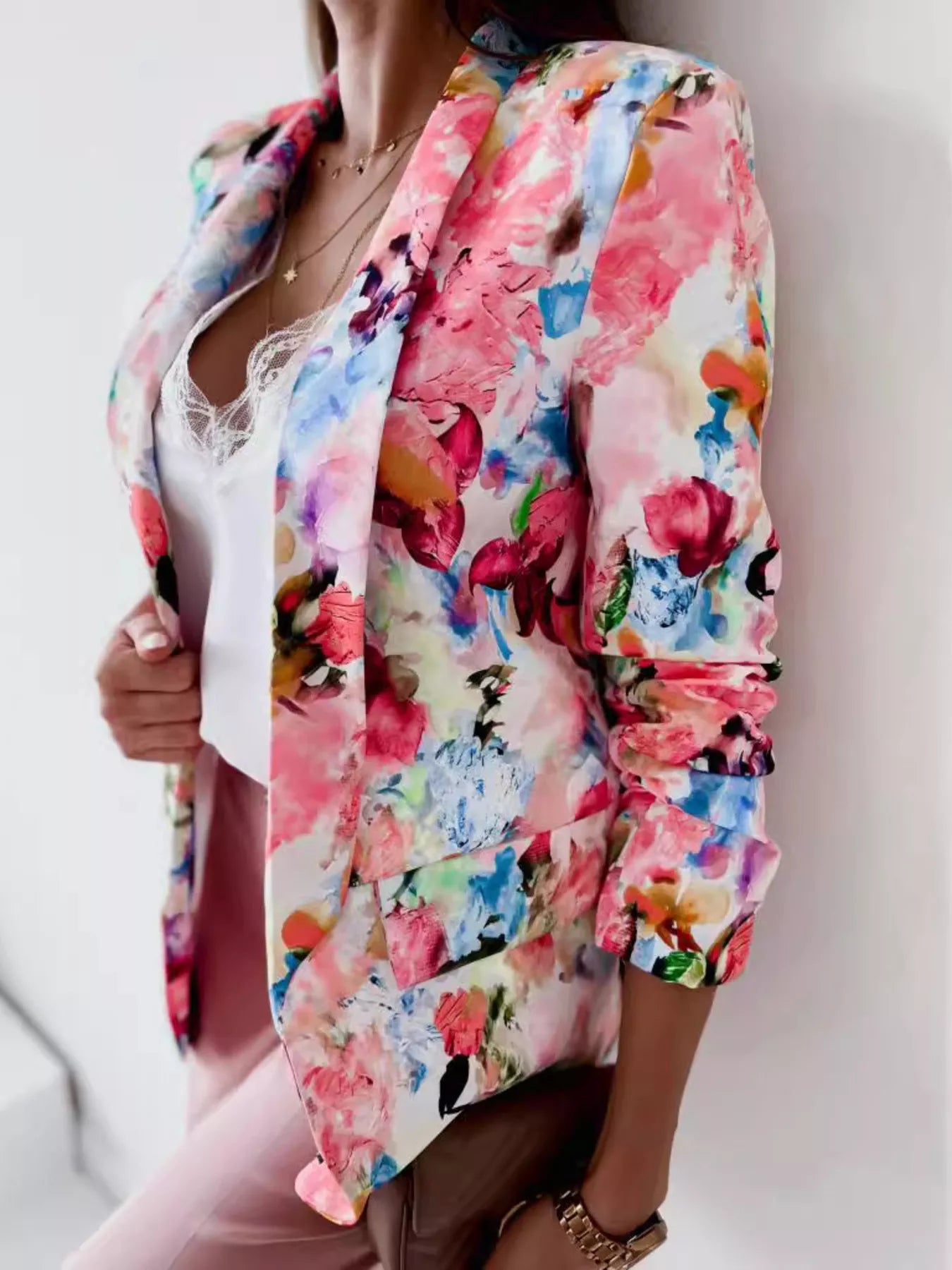 Vibrant Floral Print Open Front Blazer