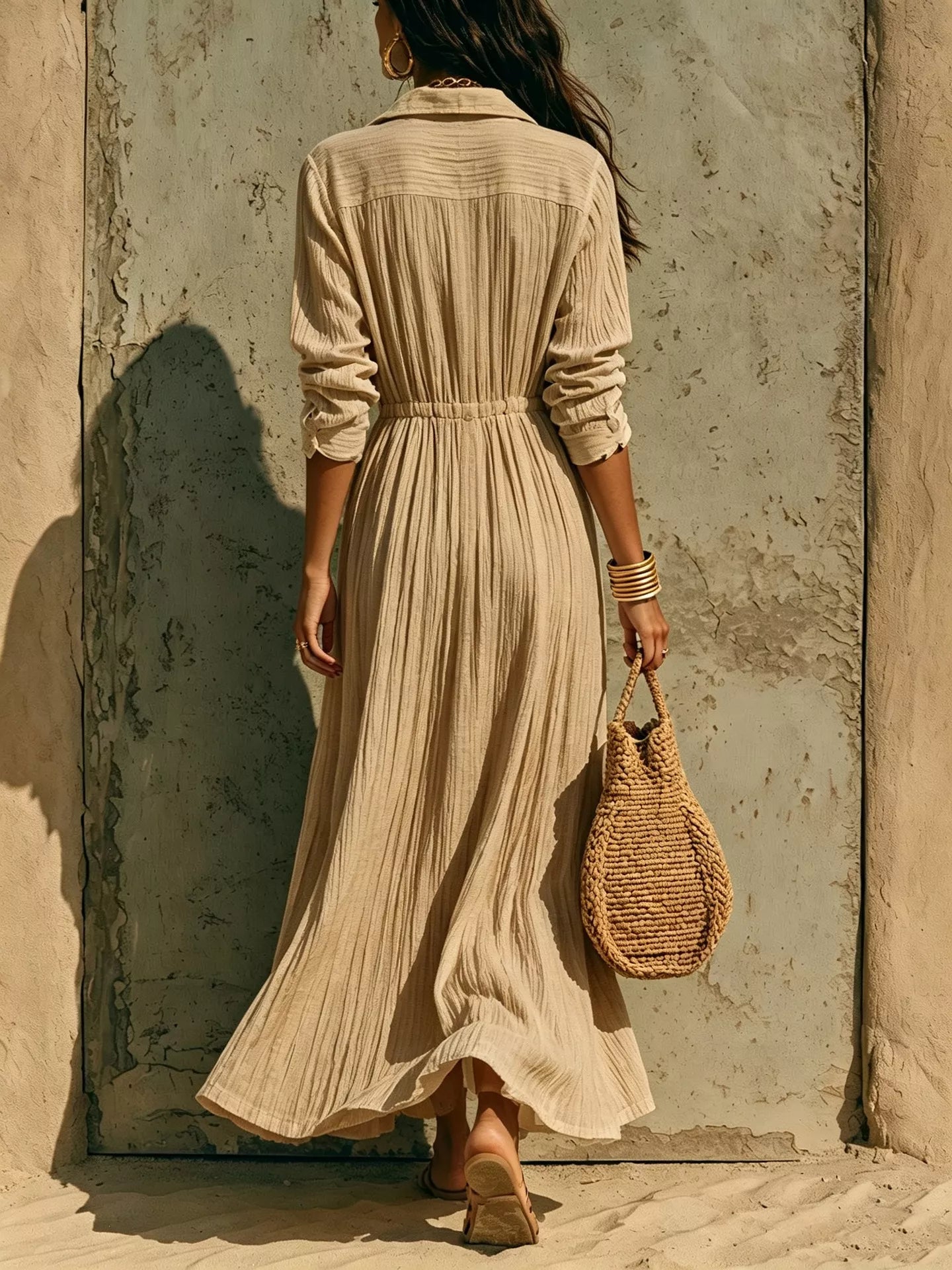 Full Size Textured Button Front Long Sleeve Maxi Dress Plus Size