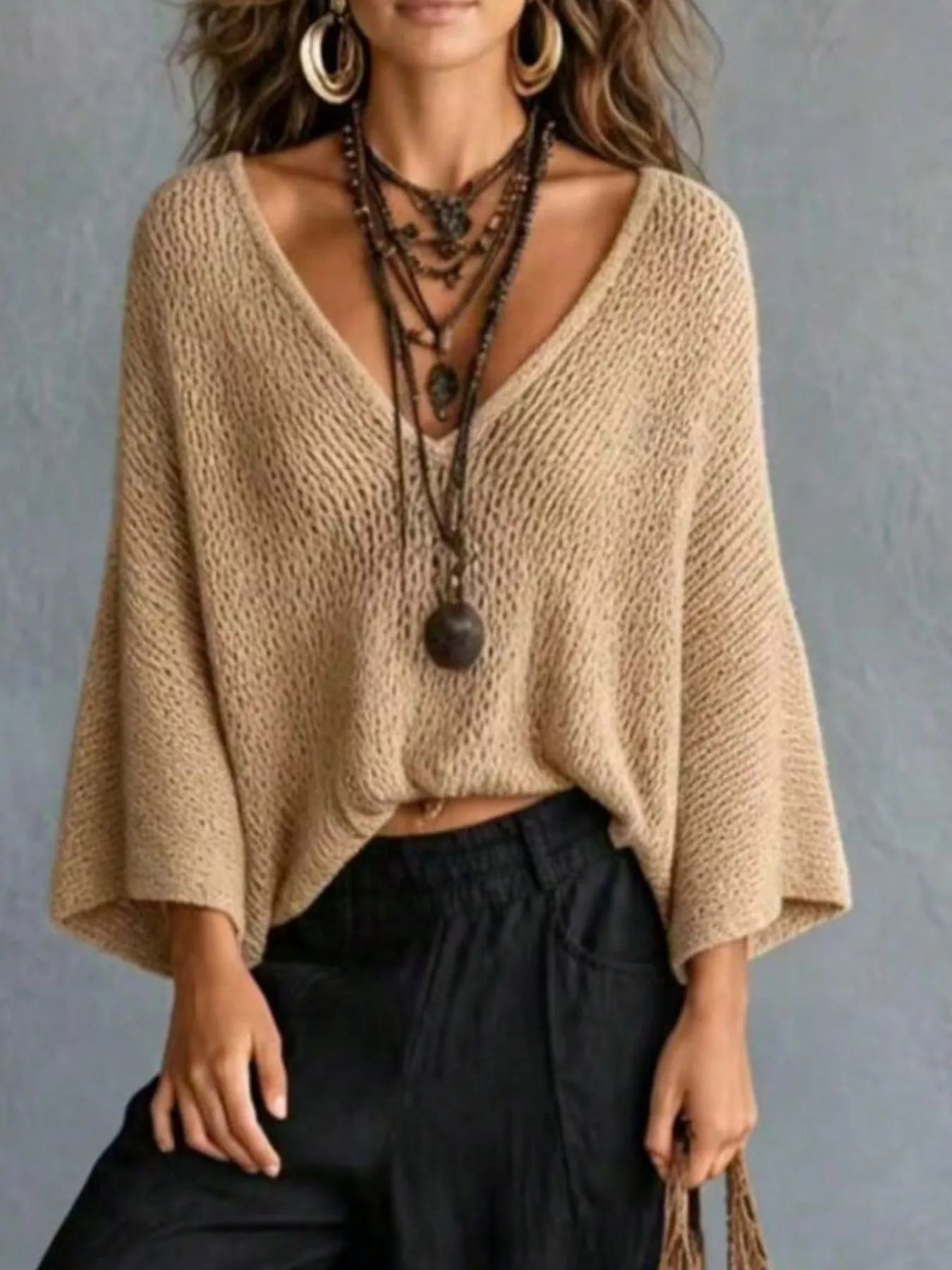 V-Neck Batwing Sleeve Sweater