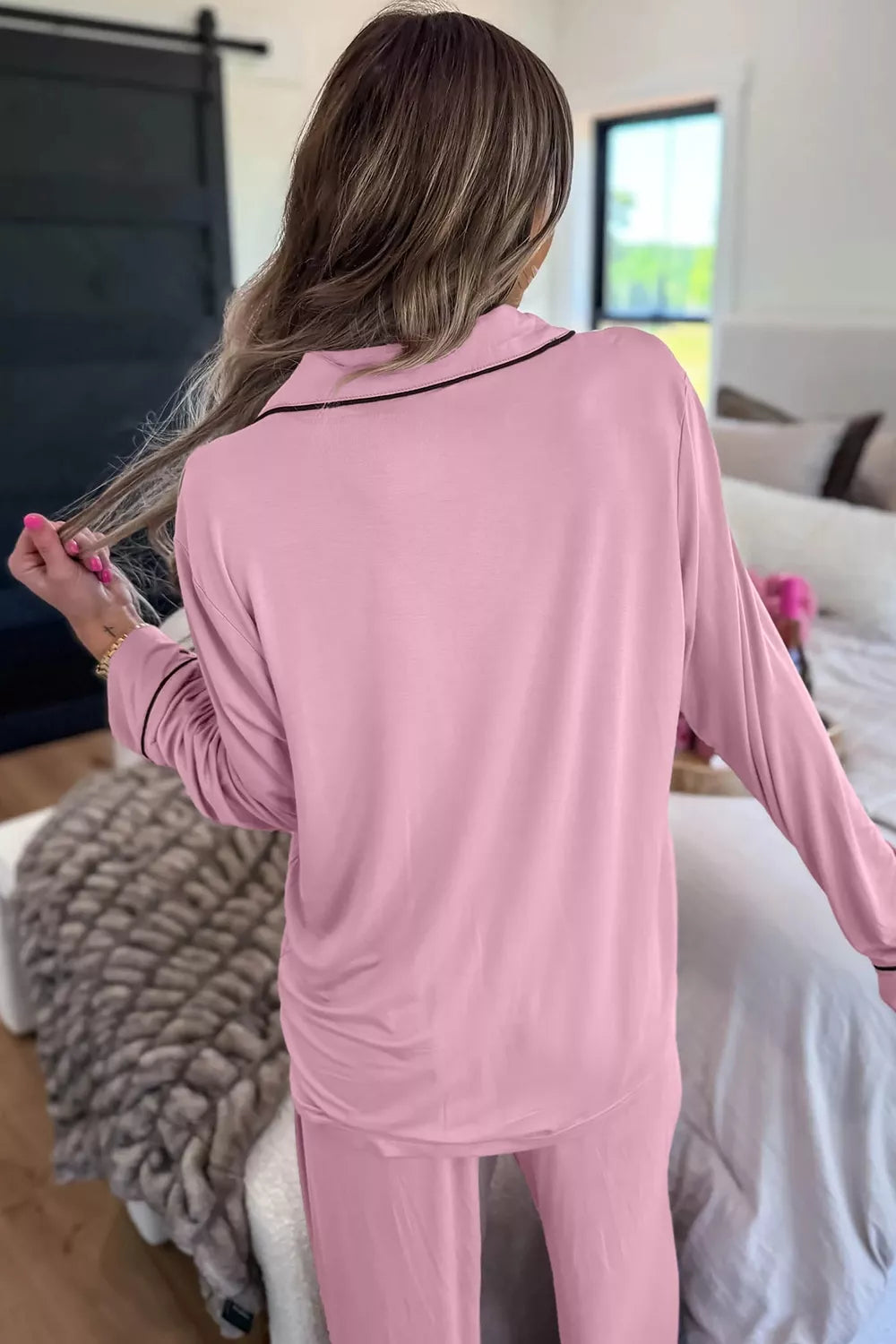 Contrast Trim Button Up Top and Pants Set