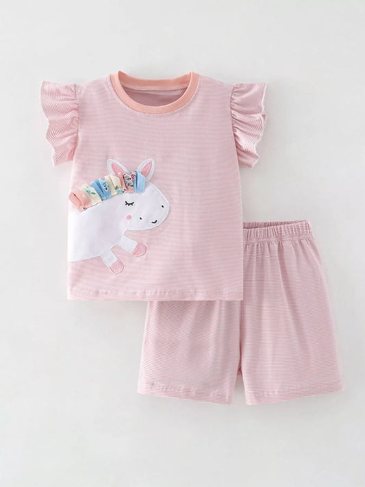 Children's Striped Unicorn Top and Shorts Set