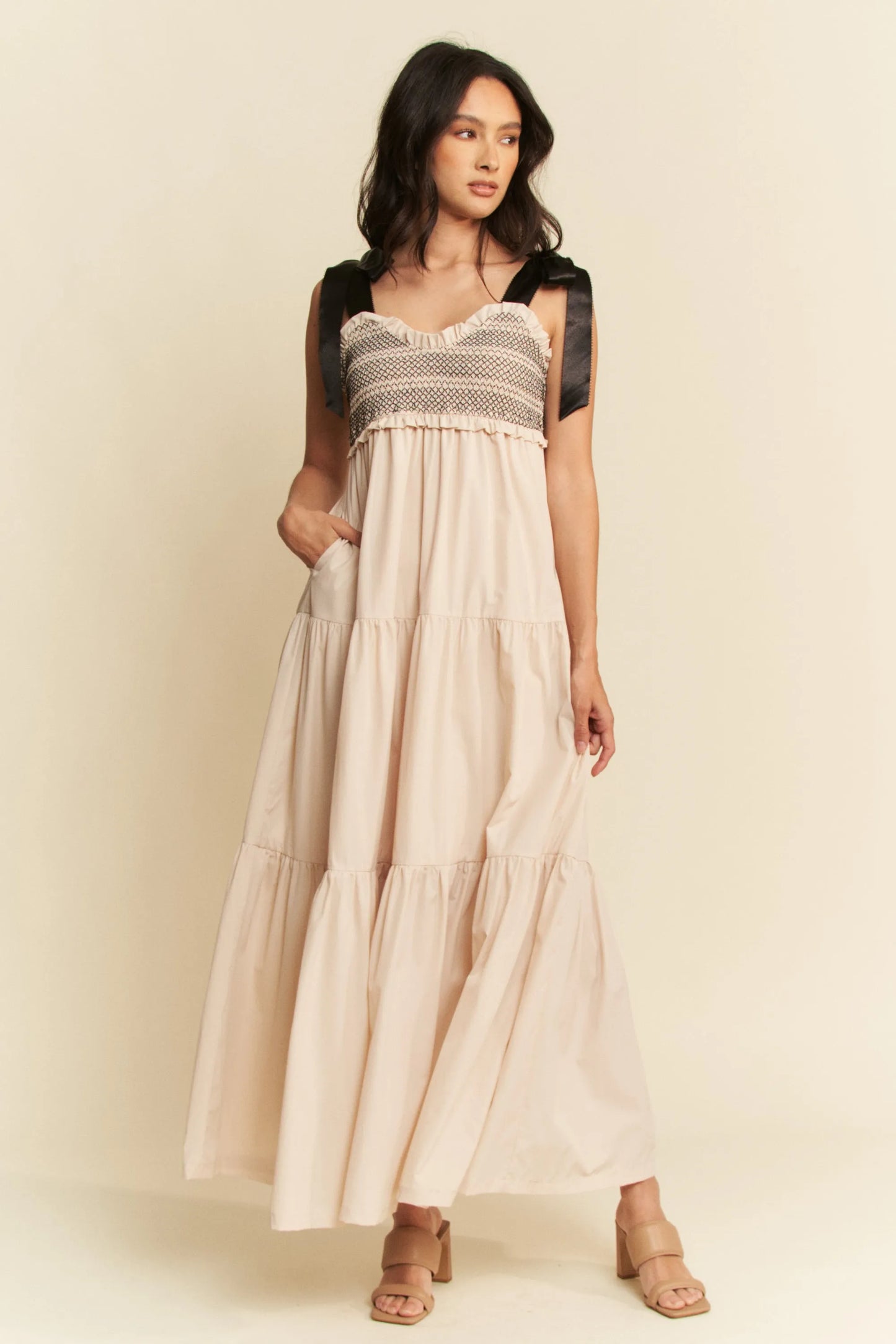 Davi & Dani Multi Contrast Smocked Bodice Straps Maxi Dress