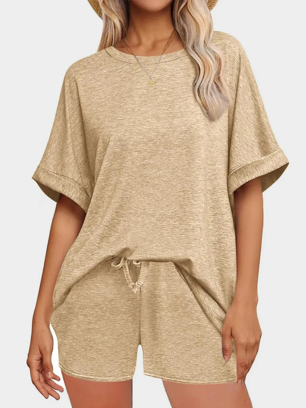 Round Neck T-Shirt and Drawstring Shorts Set