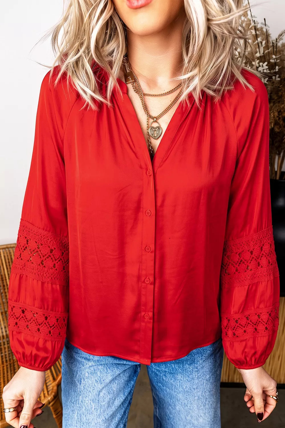 Christmas Patchwork Lace Long Sleeve V Neck Button Front Shirt