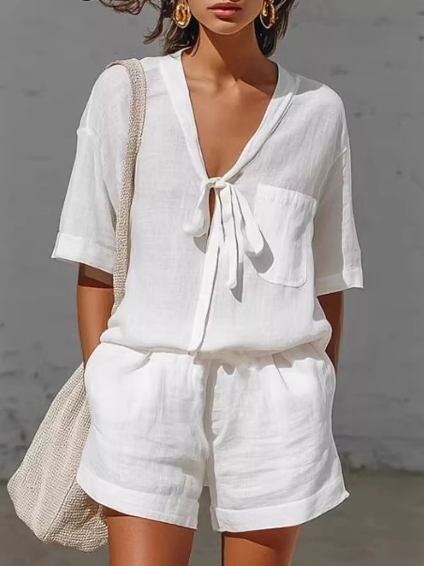 Tie-Front Half Sleeve Shirt and Shorts Set