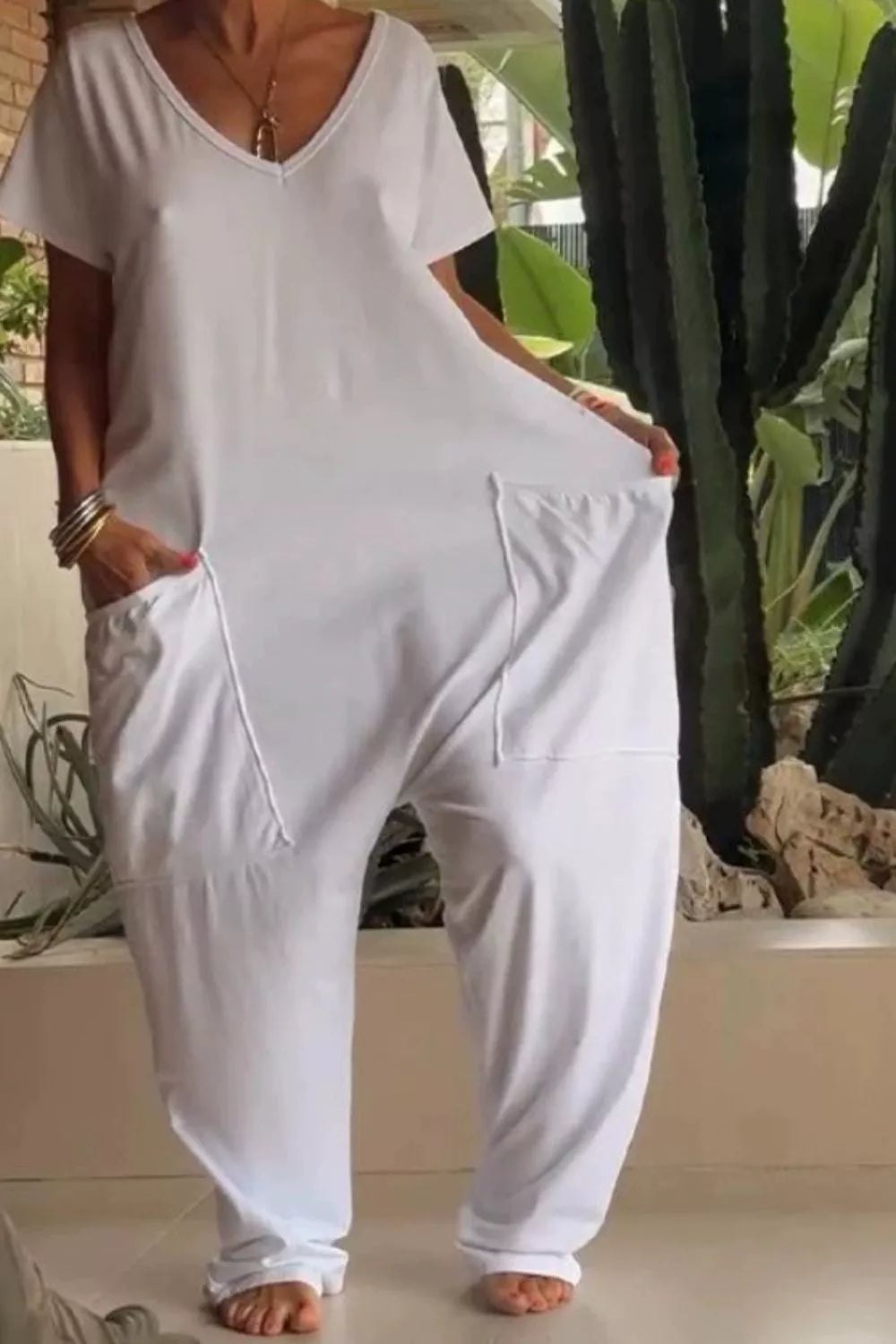 Full Size Casual V-Neck Short Sleeve Jumpsuit with Pockets Plus Size