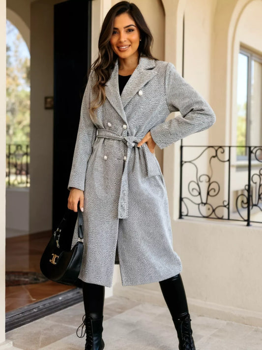 Double-Breasted Tie Waist Overcoat