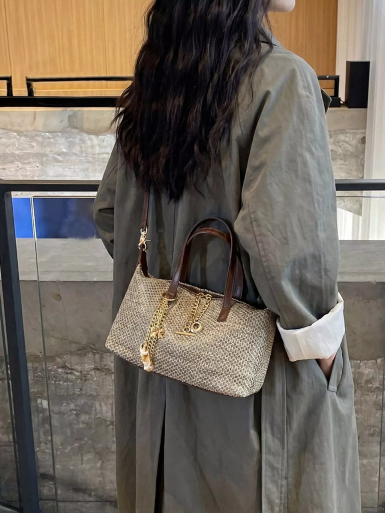 Woven Crossbody Bag with Gold Chain Accents