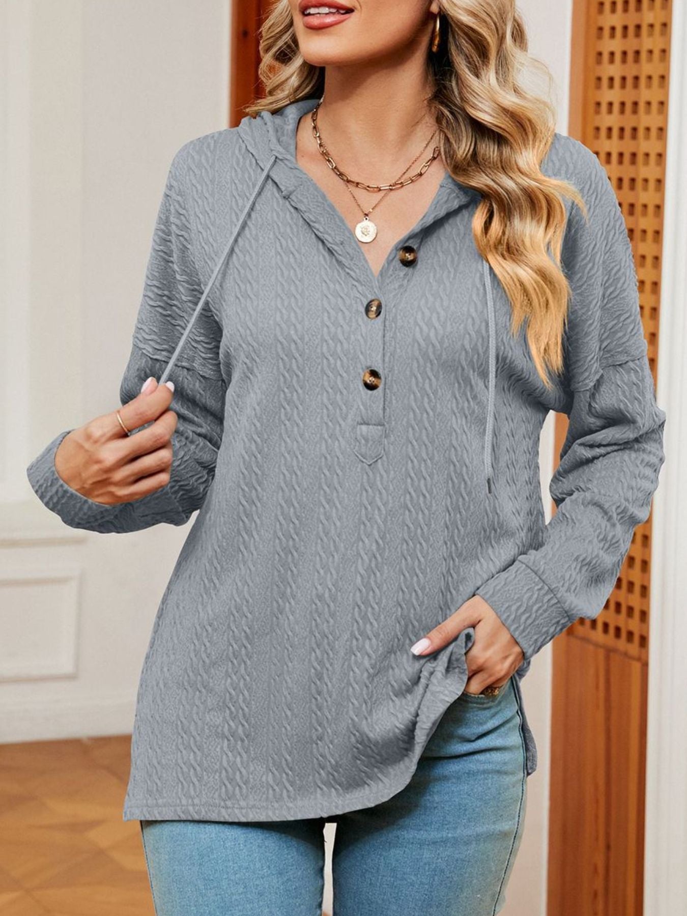 Textured Knit Button Detail Hoodie