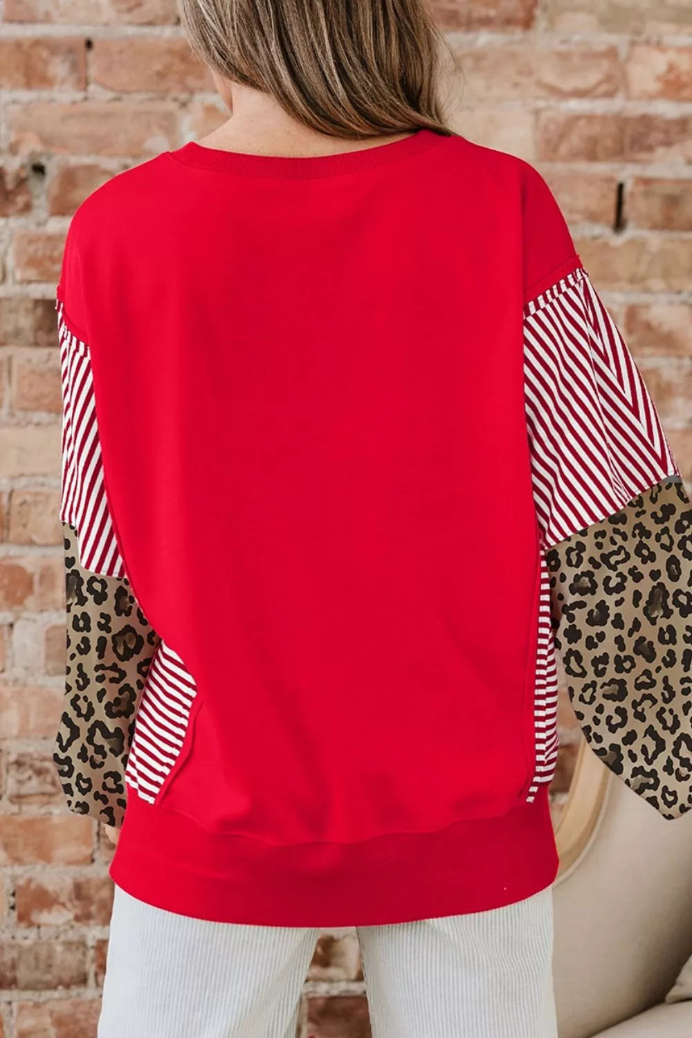 Leopard and Striped Patchwork Sleeves Sweatshirt