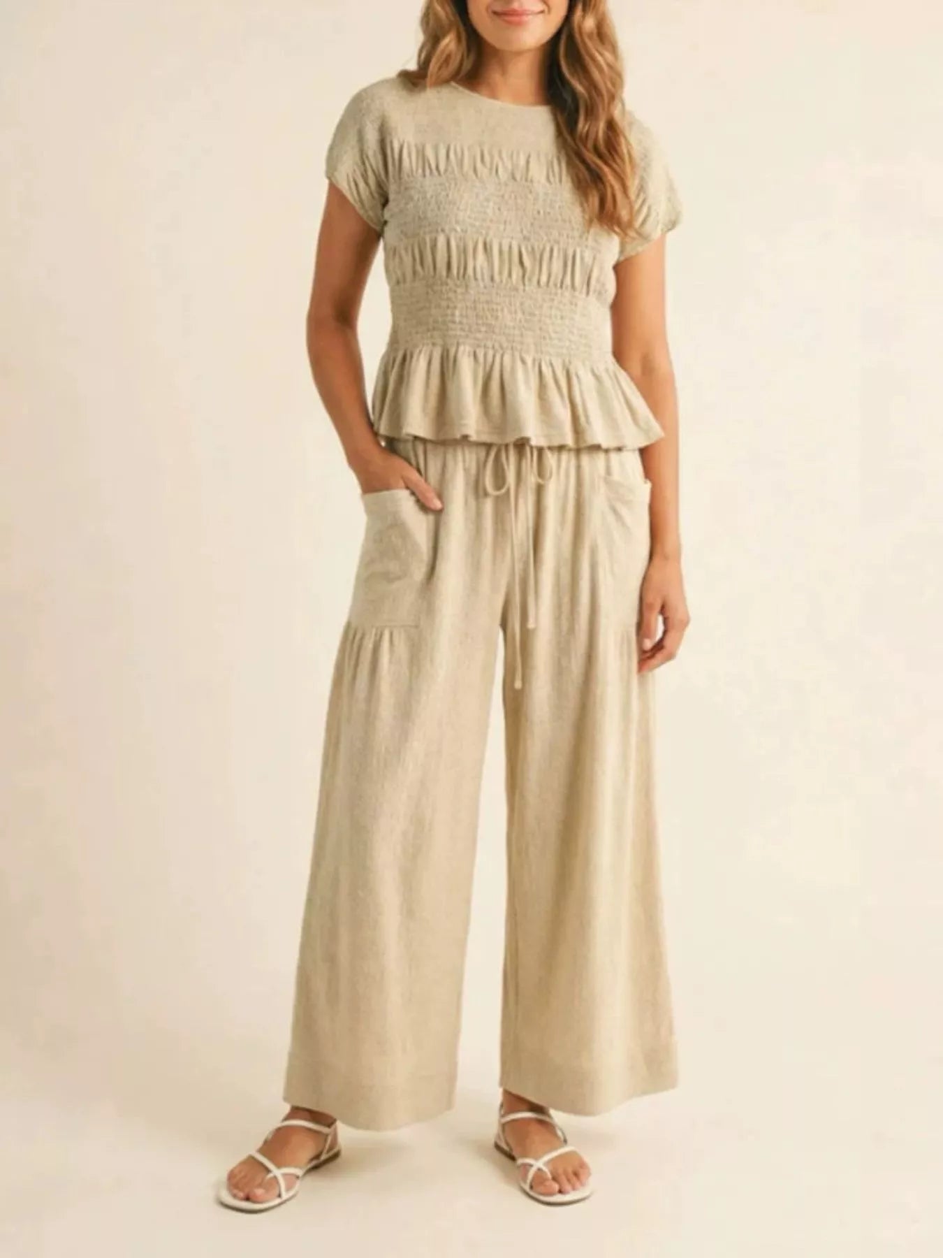 Smocked Peplum Top and Wide-Leg Pants Set