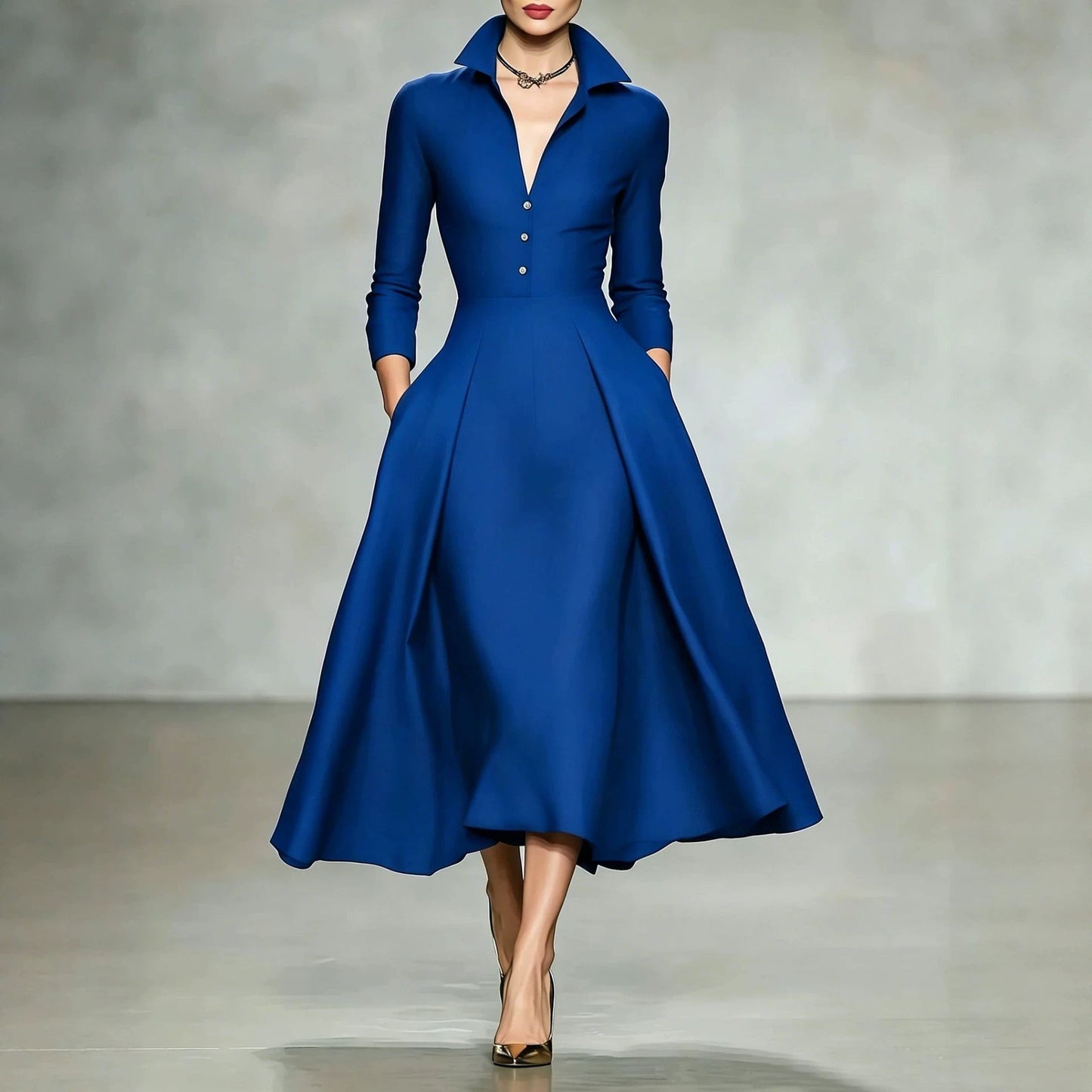 Deep V-Neck Shirt Collar Pleated A-Line Midi Dress with Pockets