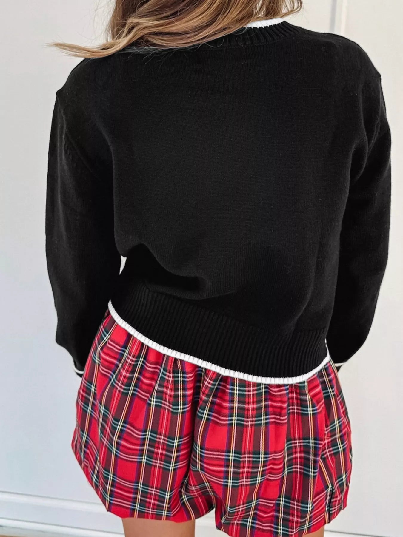 Contrast Trim Bow Accent Holiday Cropped Sweater