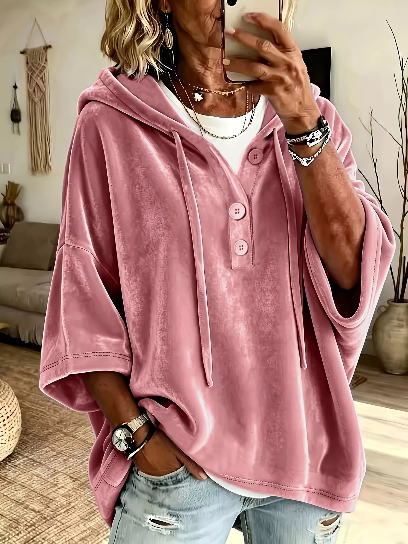 Full Size Velvet Button Detail Drawstring Hoodie Plus Size