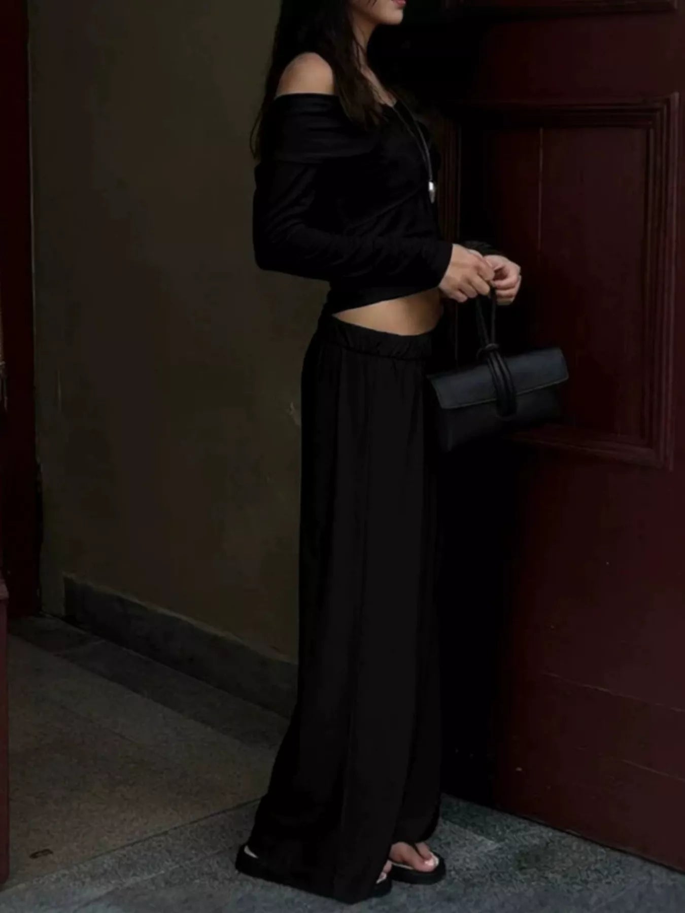 Off-Shoulder Long Sleeve Top and Wide-Leg Pants Set