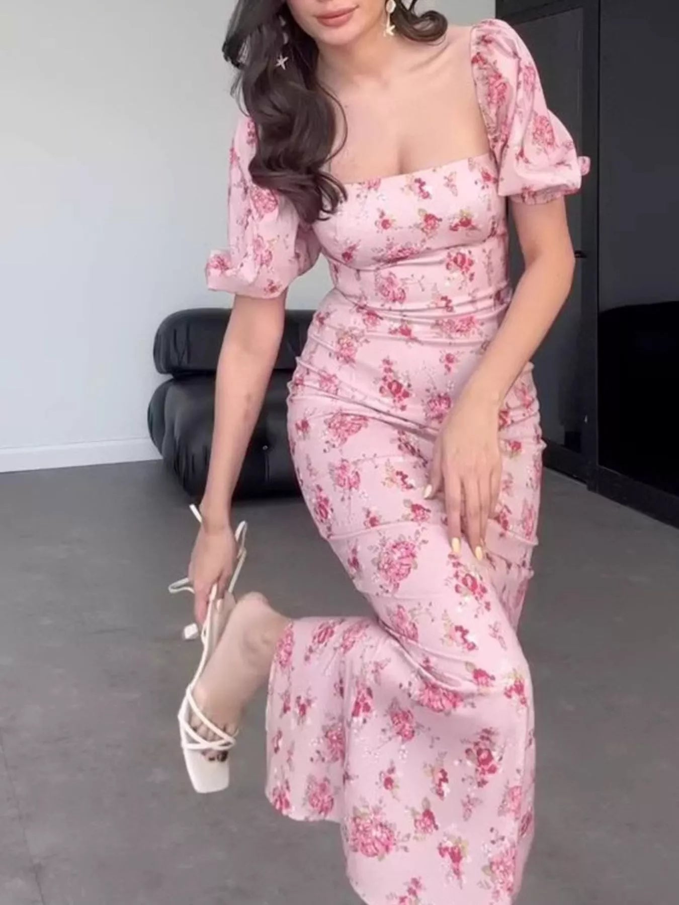 Floral Puff Sleeve Ruched Midi Dress