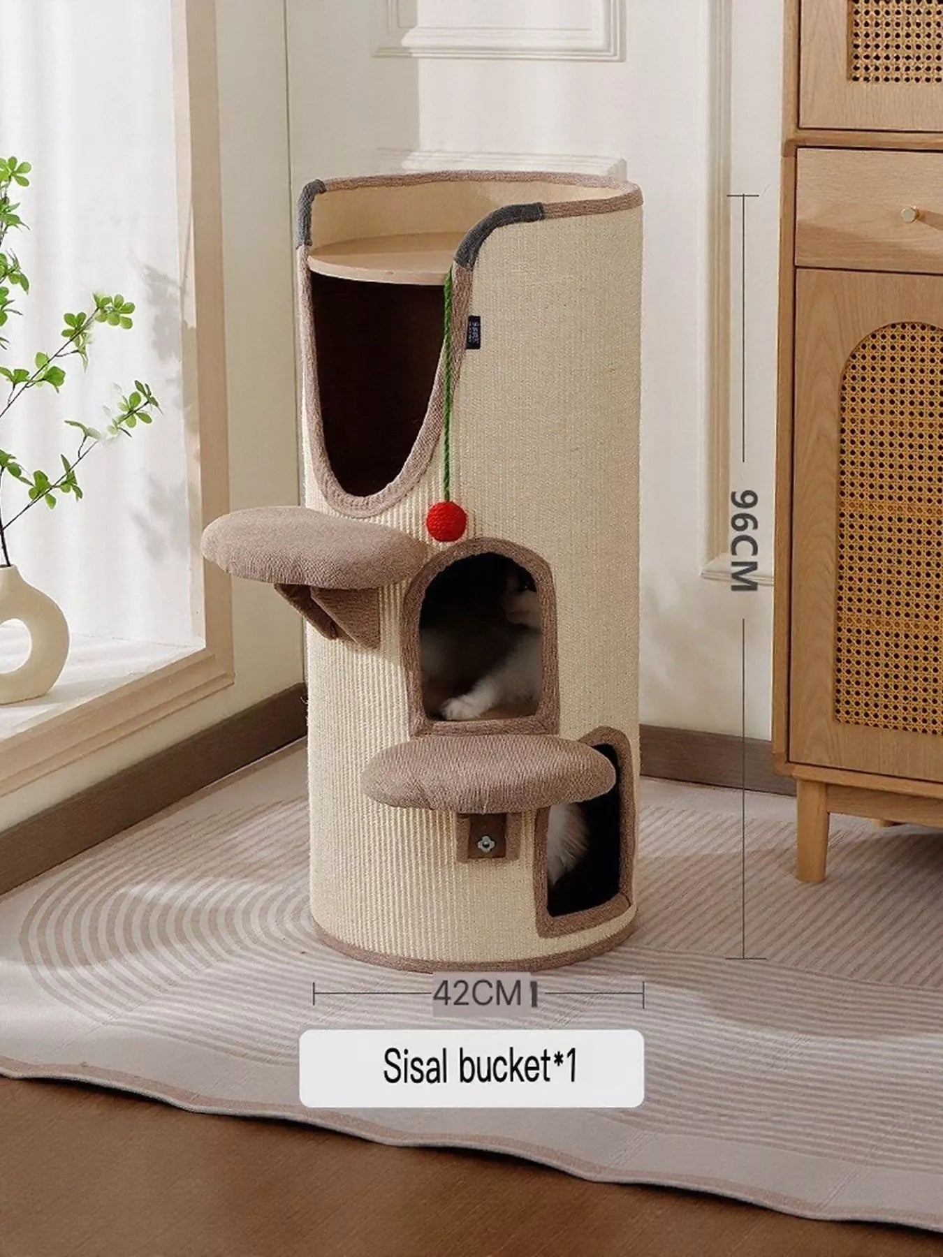 Sisal-Covered Cylinder Cat Tree Condo with Plush Perch