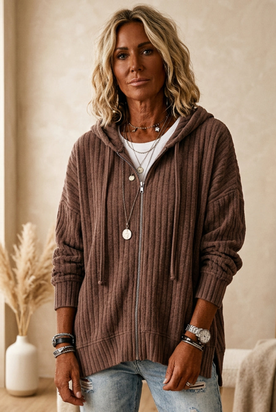 Women's Textured Zip-Front Drawstring Hoodie