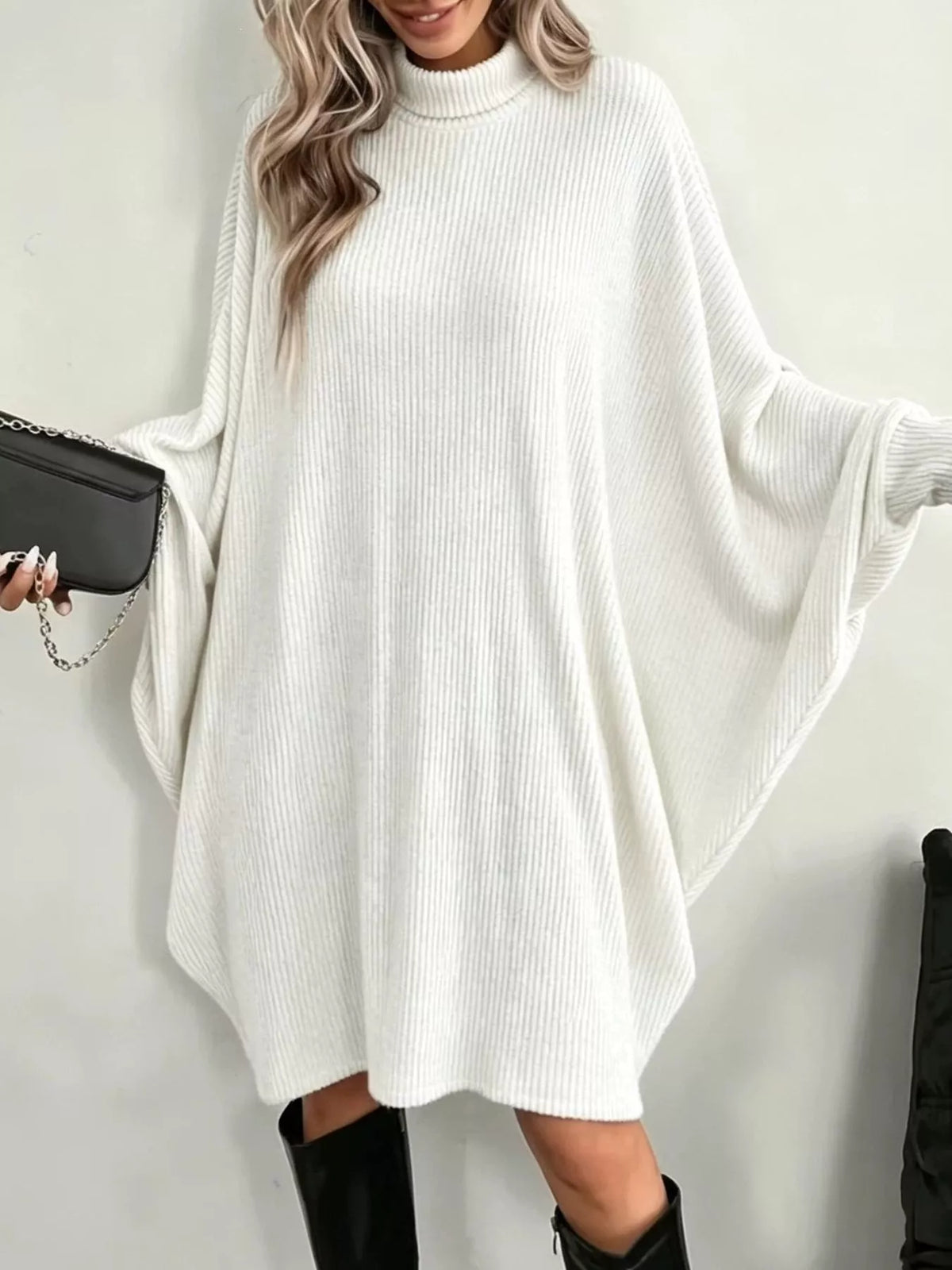 Oversized Batwing Sleeve Ribbed Knit Turtleneck Dress