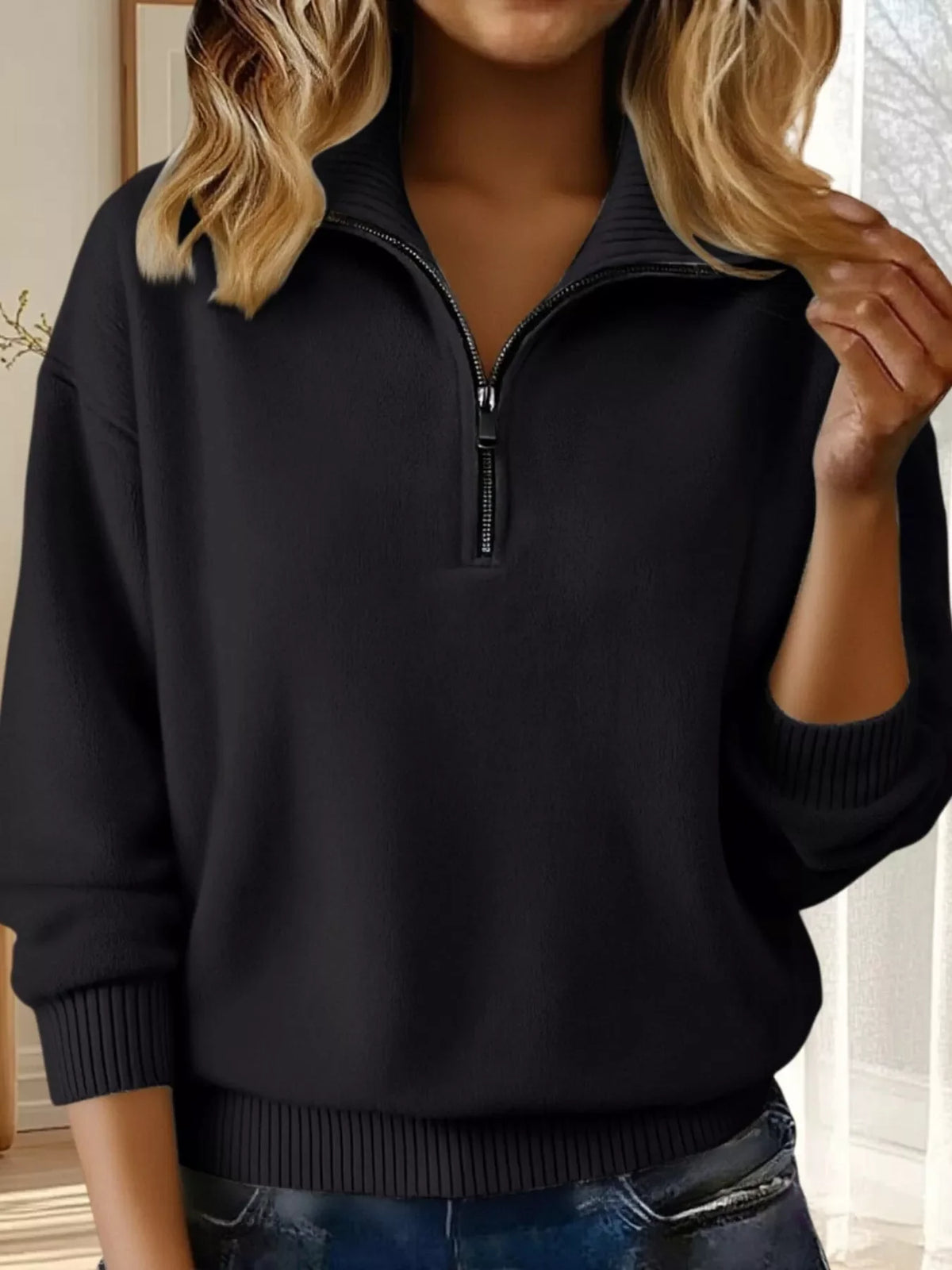Full Size Half Zip Dropped Shoulder Sweater Plus Size