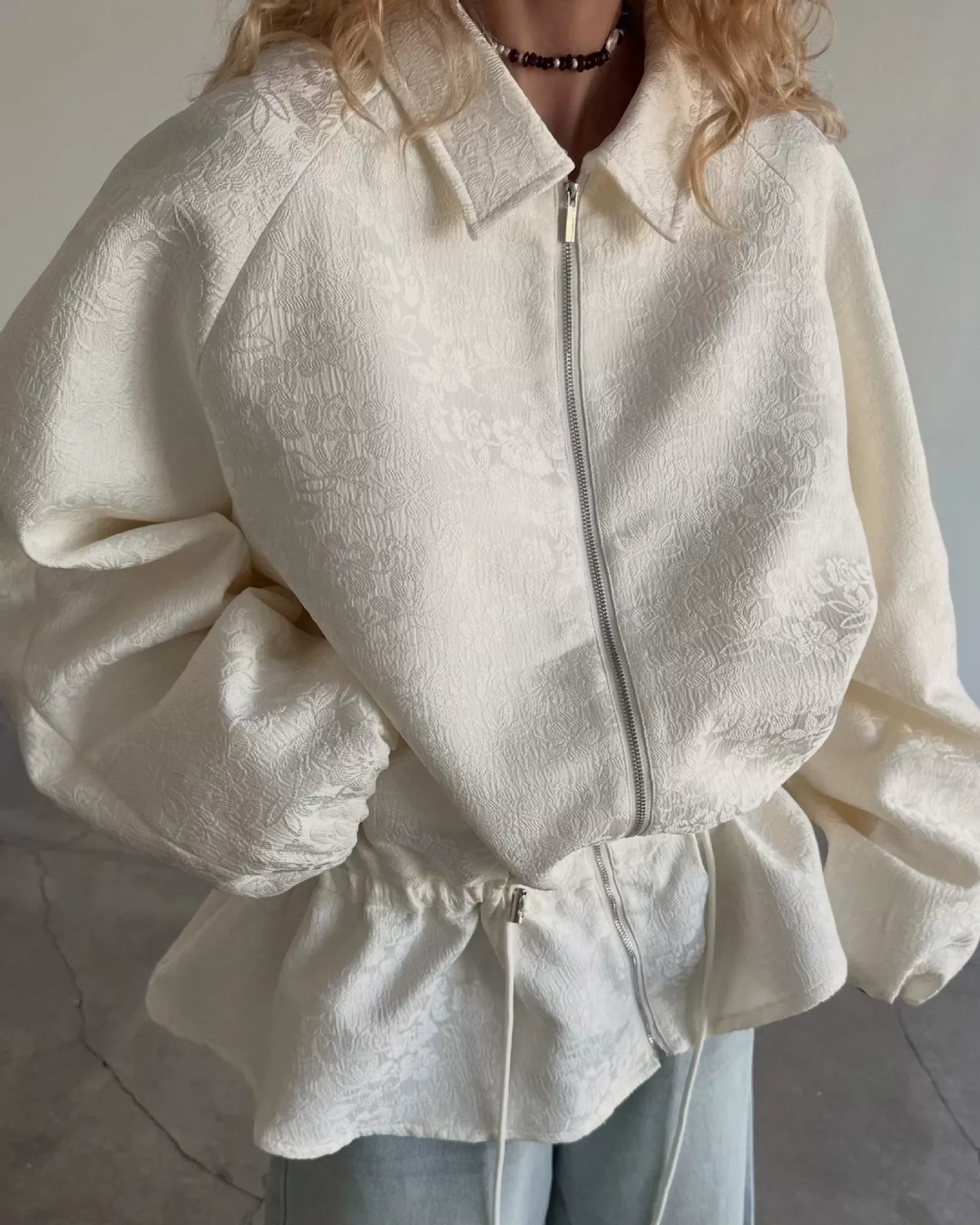 Jacquard Bomber Jacket with Drawstring Waist