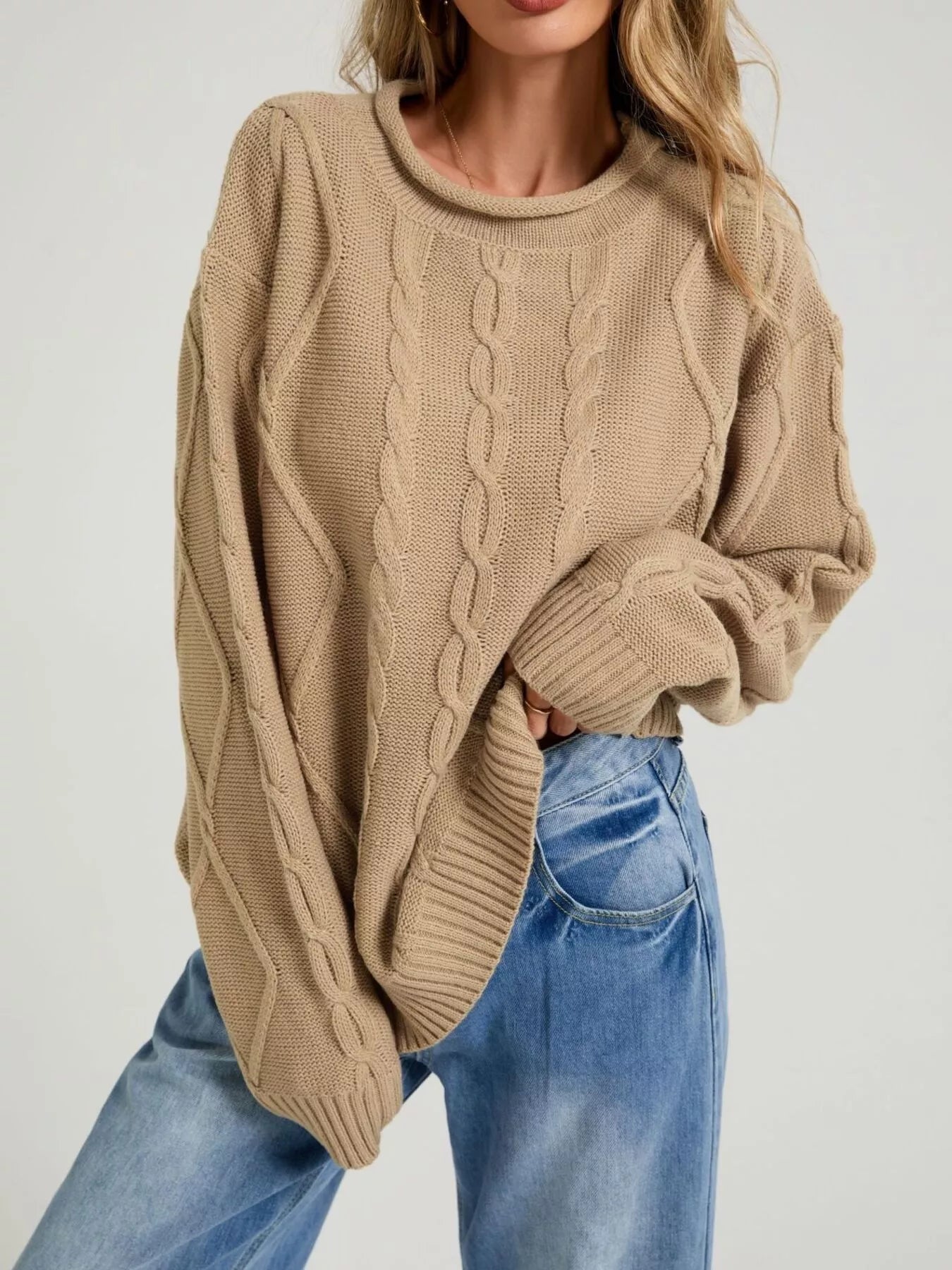 Cable Knit Ribbed Hem Sweater