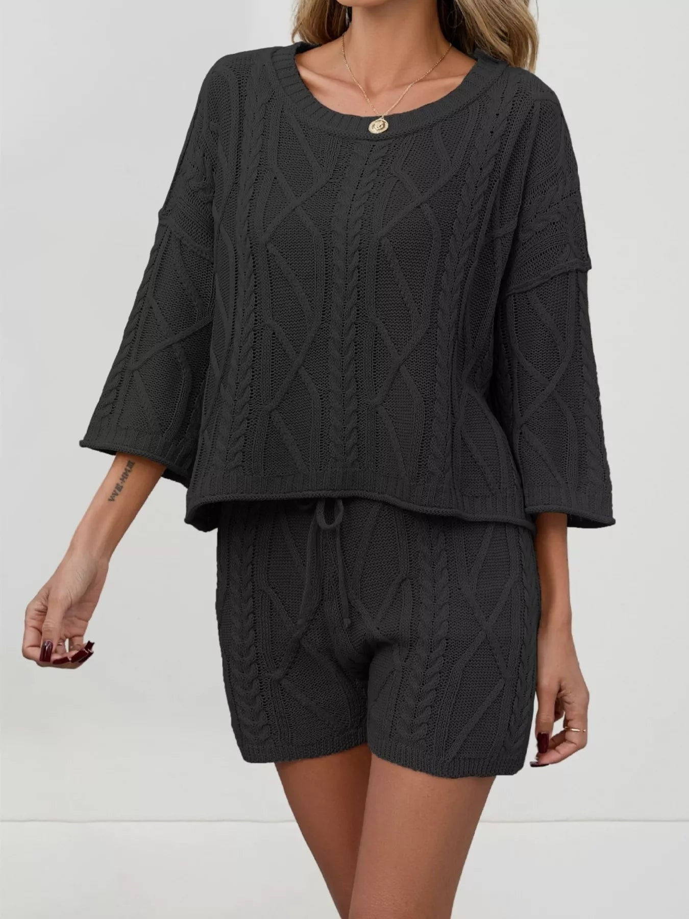 Cable Knit 3/4 Sleeve Sweater and Shorts Set