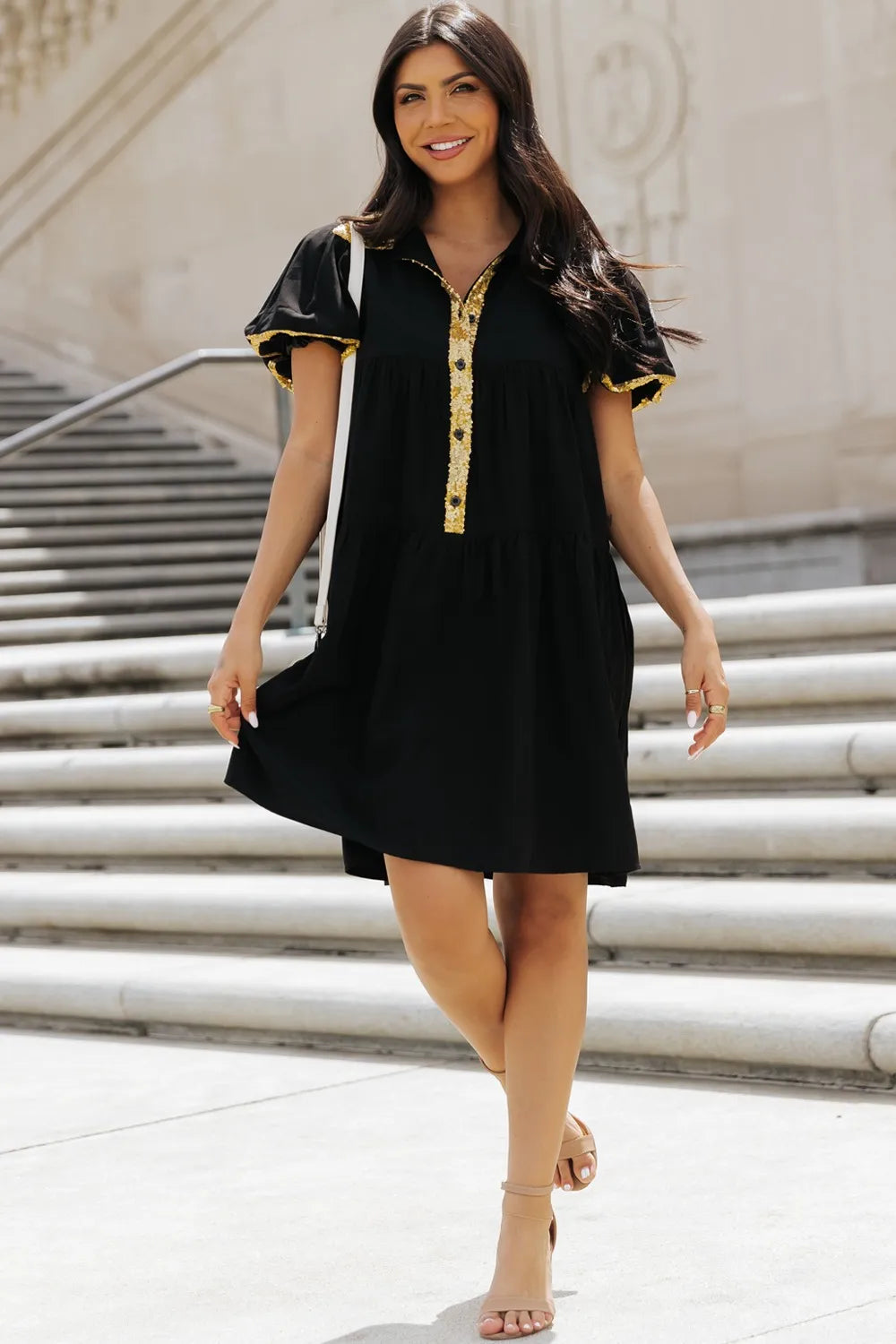 Sequin Half Button Short Sleeve Dress