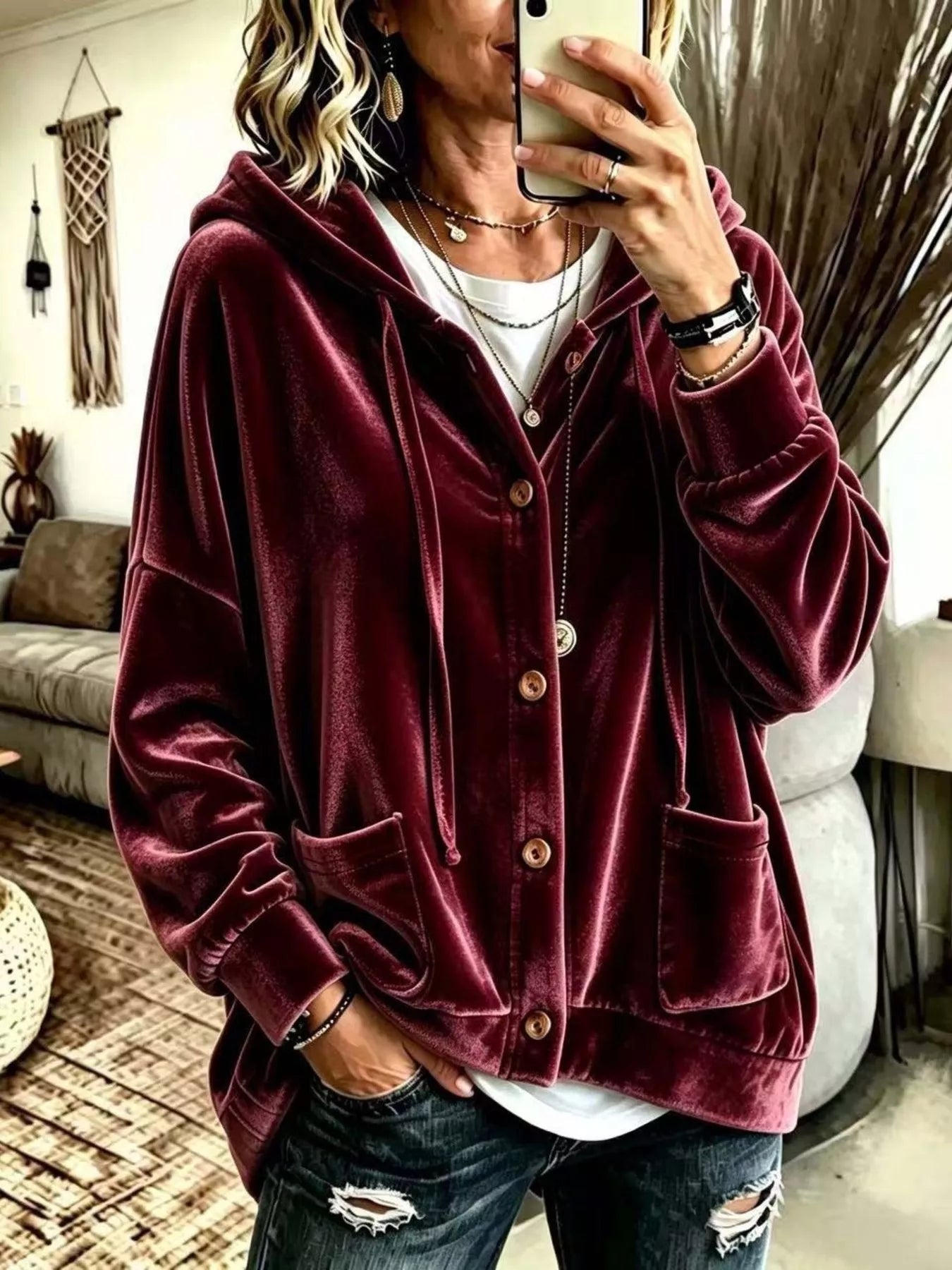 Full Size Casual Button-Down Hooded Outerwear Plus Size