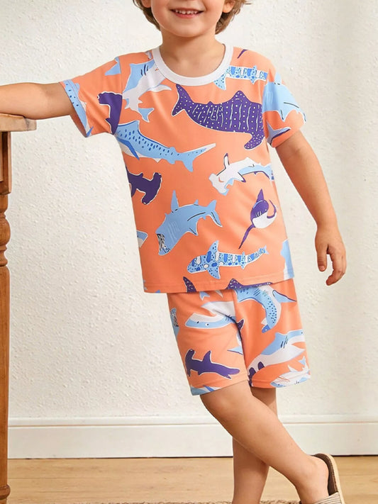Children's Shark Print Casual Tee and Shorts Set