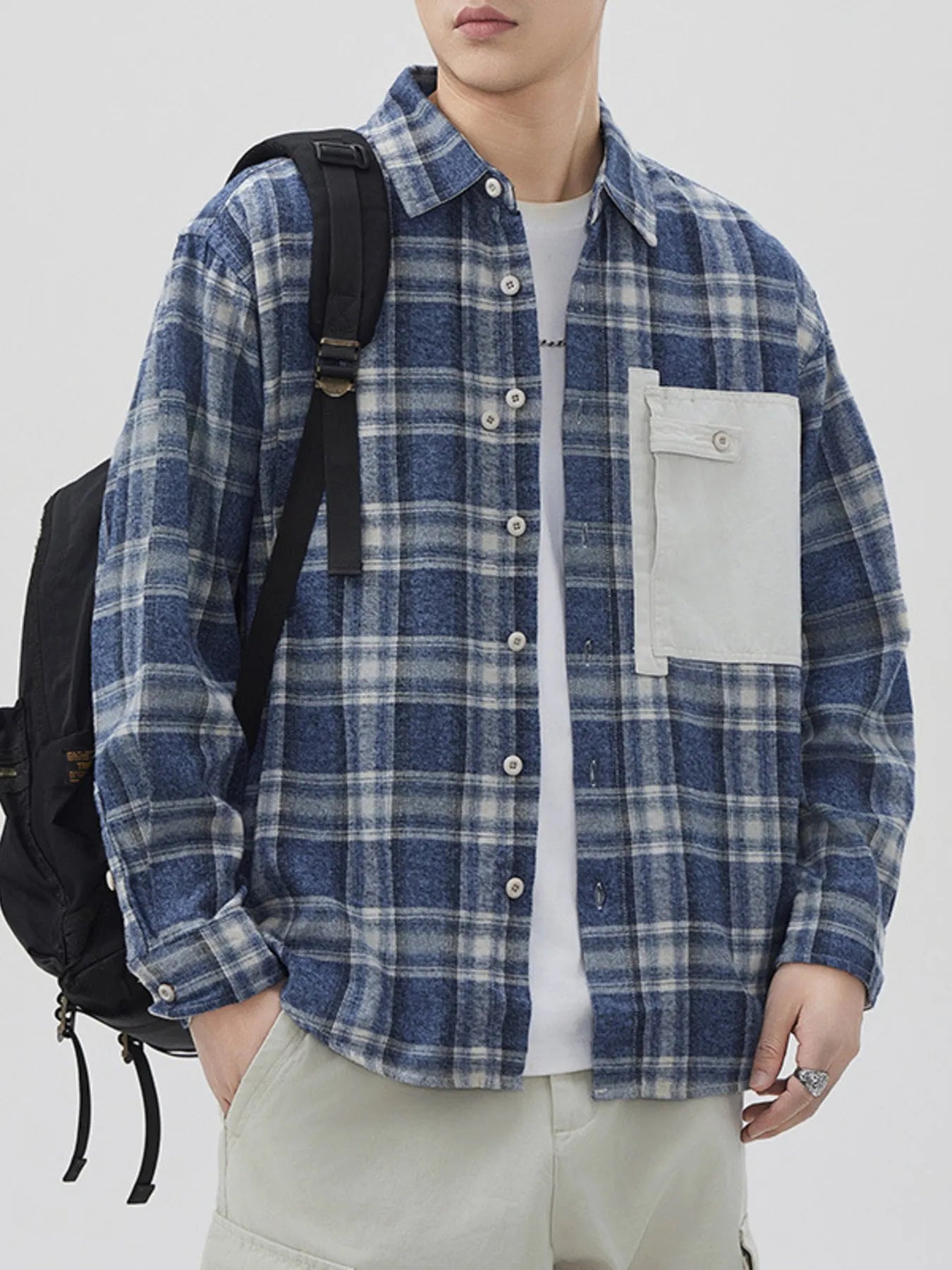Men's Plus Size Plaid Button Down Shirt with Contrast Pocket