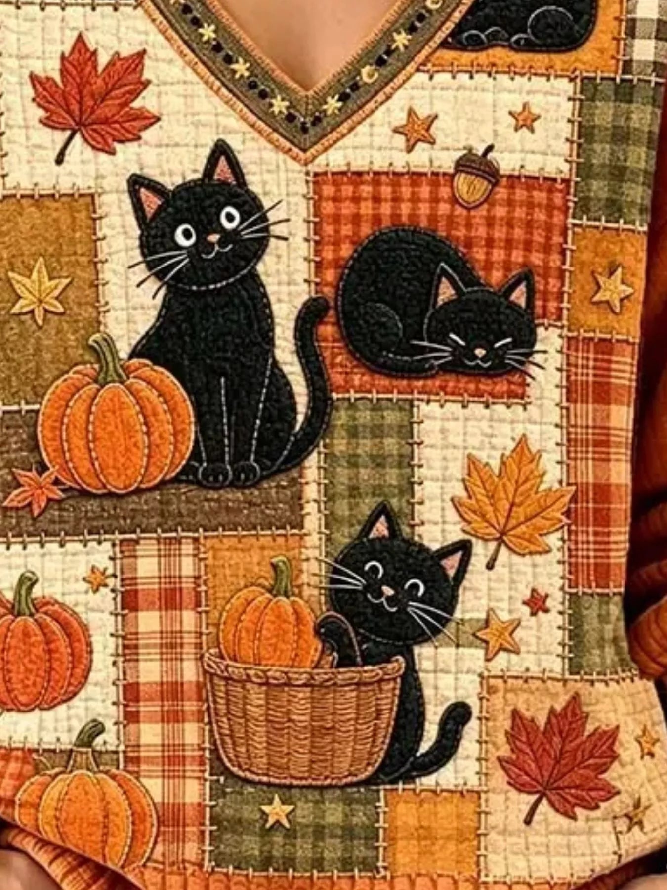 Full Size Cat and Pumpkin V-Neck Sweater Plus Size